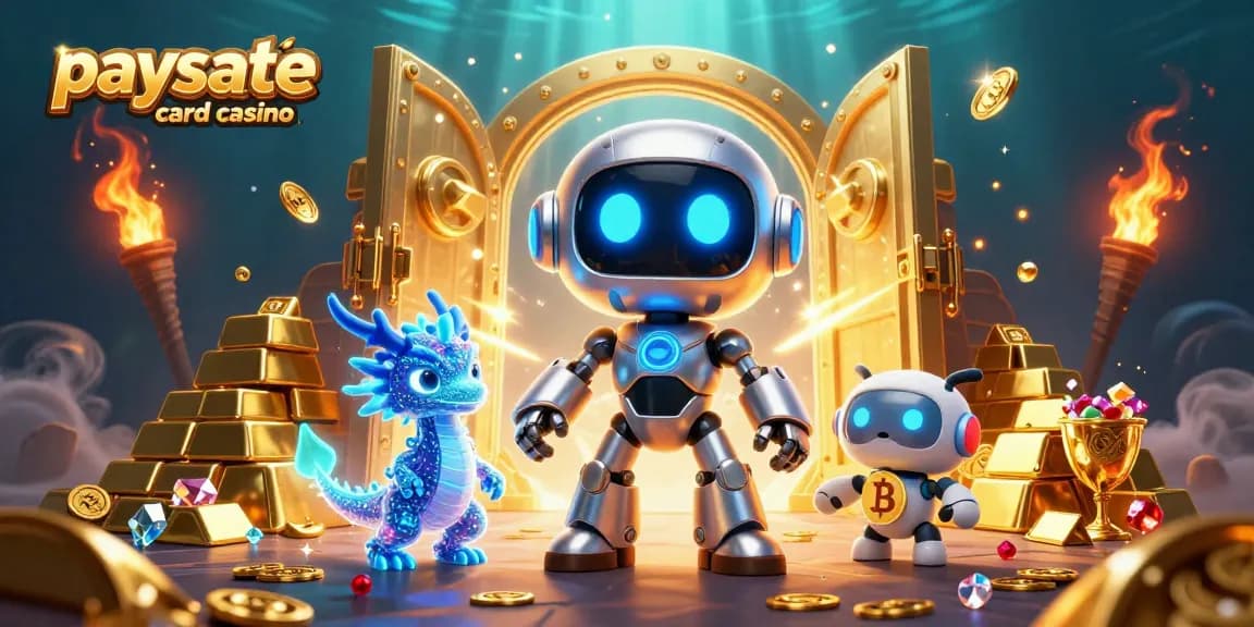 Illustration eines Paysafe Card Casinos mit einem Cyberpunk-Roboter, einem KI-Drache und einem Bitcoin-Drohne, die Schätze erleuchten.