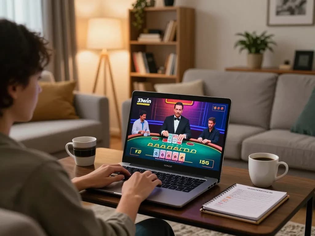 Engage in strategic online gaming with 33win, showcasing a cozy home setup for live casino action.