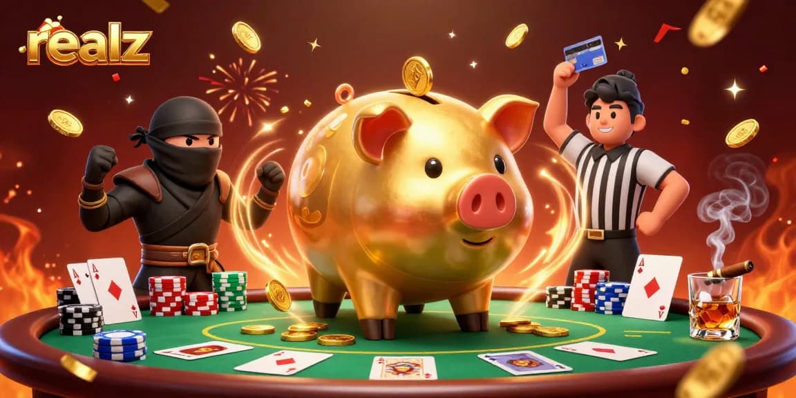 Experience the excitement at realz casino with an epic showdown featuring a golden piggy bank sumo wrestler.