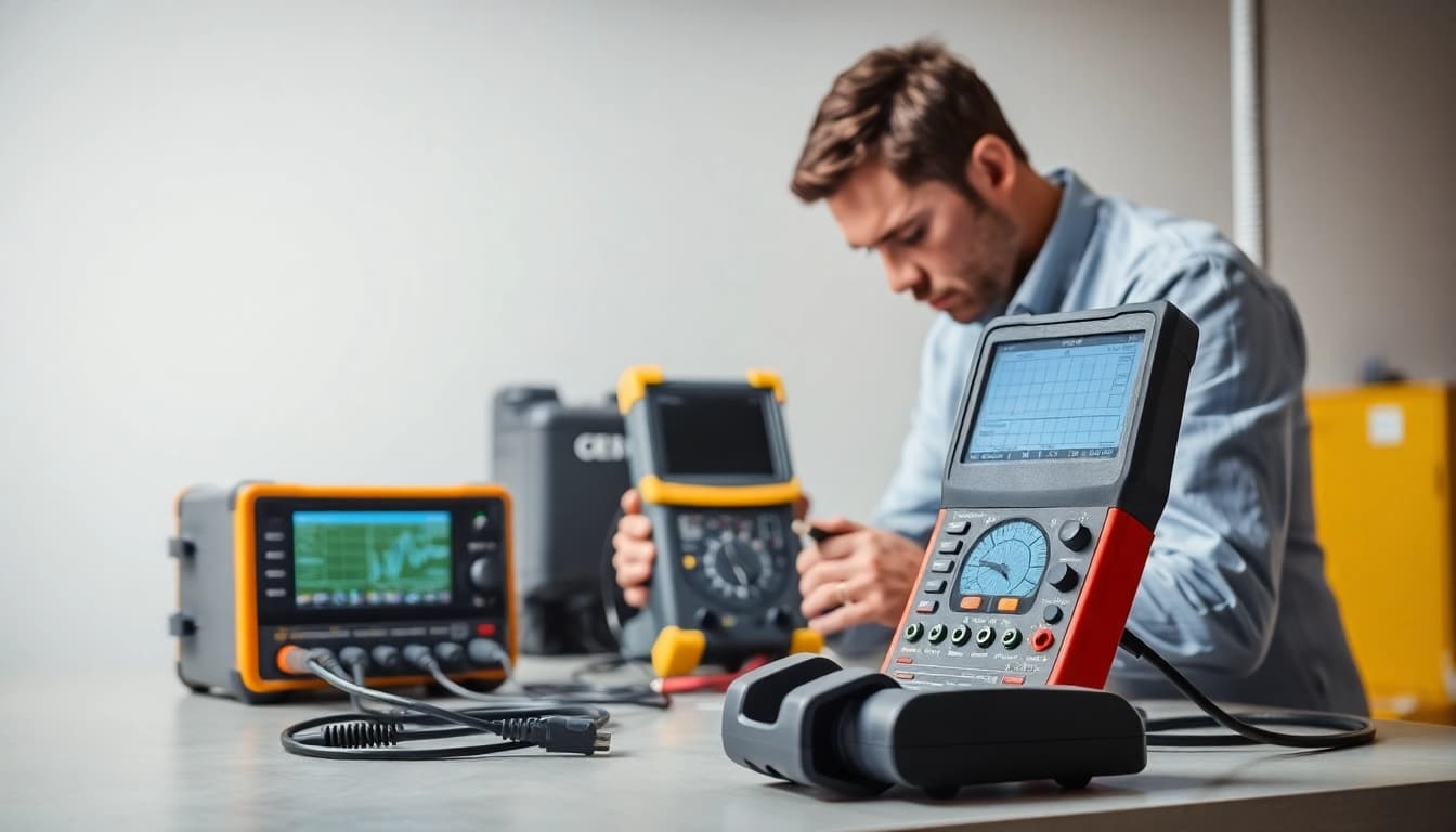 Techniker führt eine DGUV V3 Prüfung mit modernem Prüfgerät durch, um elektrische Sicherheit zu gewährleisten.
