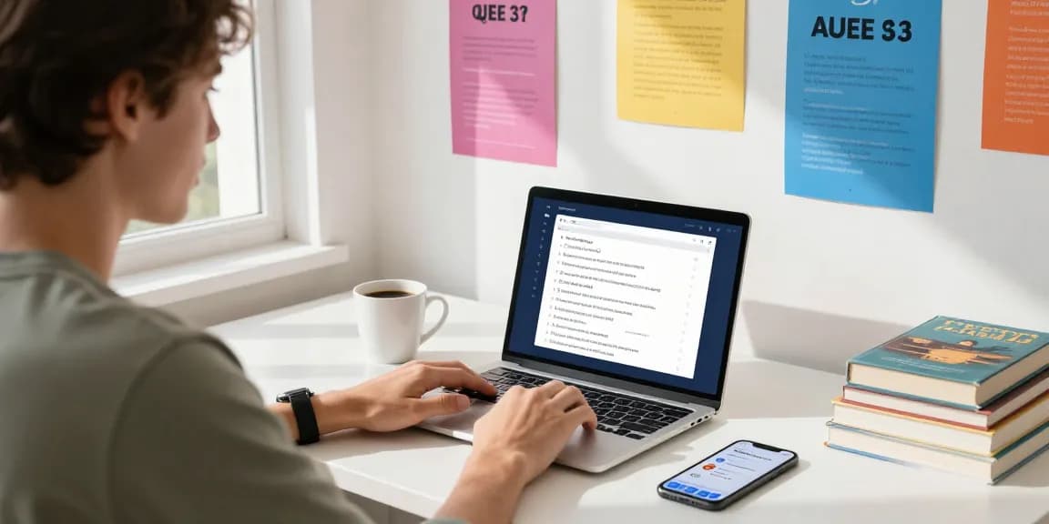 Fesselndes Quiz Allgemeinwissen in modernem Lernumfeld mit Laptop und Kaffeetasse