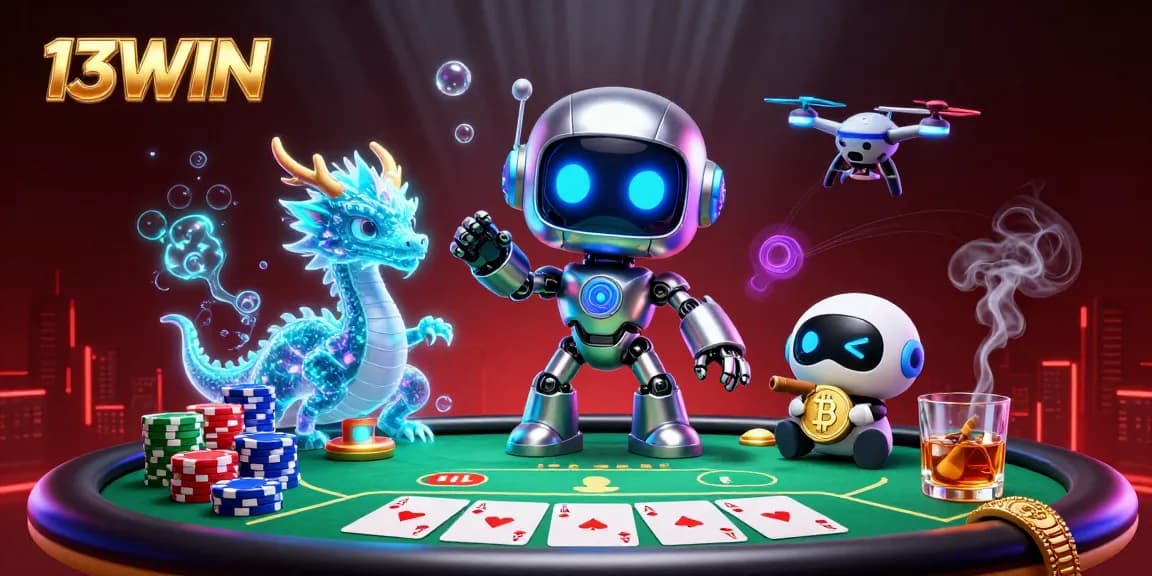 Engage in thrilling poker at 13WIN with an illuminated scene showcasing vibrant characters and casino elements.