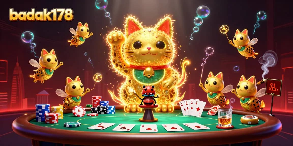Experience exciting poker gameplay with badak178 as golden fireflies transform into a lucky cat.