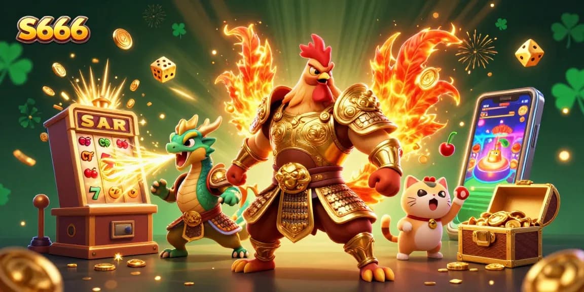 S666 features an explosive casino scene with a mighty rooster warrior, dragon hatchling, and a fortune cat amidst flying coins, jackpots, and casino elements.