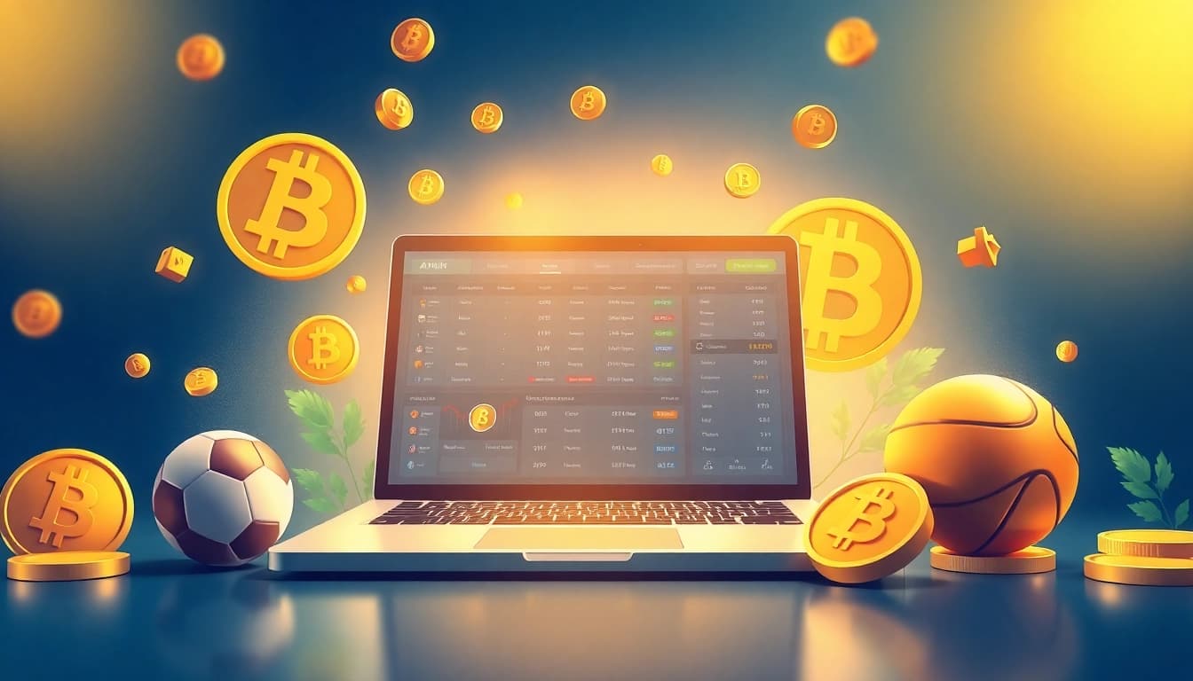 Explore Bitcoin online sports betting through an engaging digital illustration of a modern betting platform.