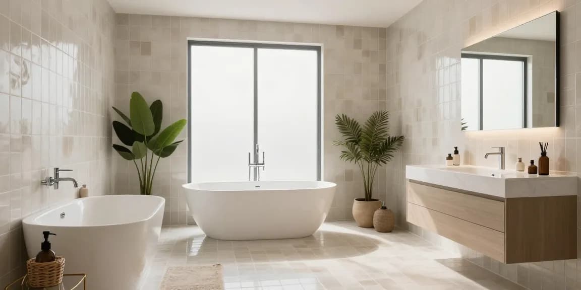 Stijlvolle moderne badkamer met hoogwaardige badkamer tegels, elegante armaturen en natuurlijk licht.