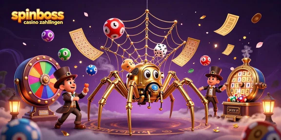 Visualisierung der SpinBoss Casino Zahlungen mit goldenen Ketten und farbenfrohen Lottozahlen.