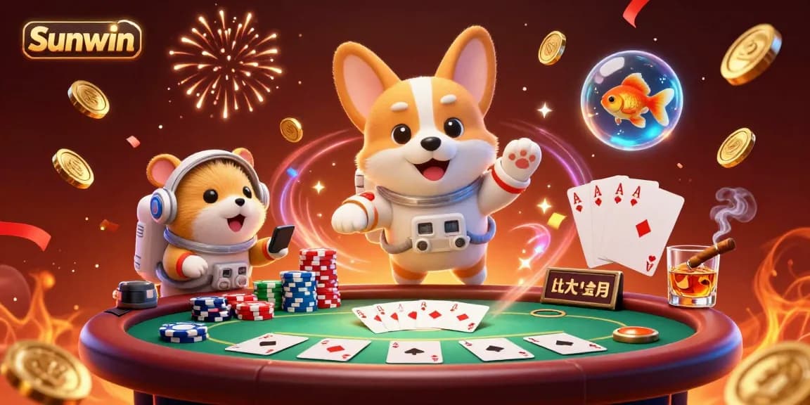 Experience Sunwin's vibrant casino atmosphere with a joyfully floating corgi and engaging mission-control hamster.