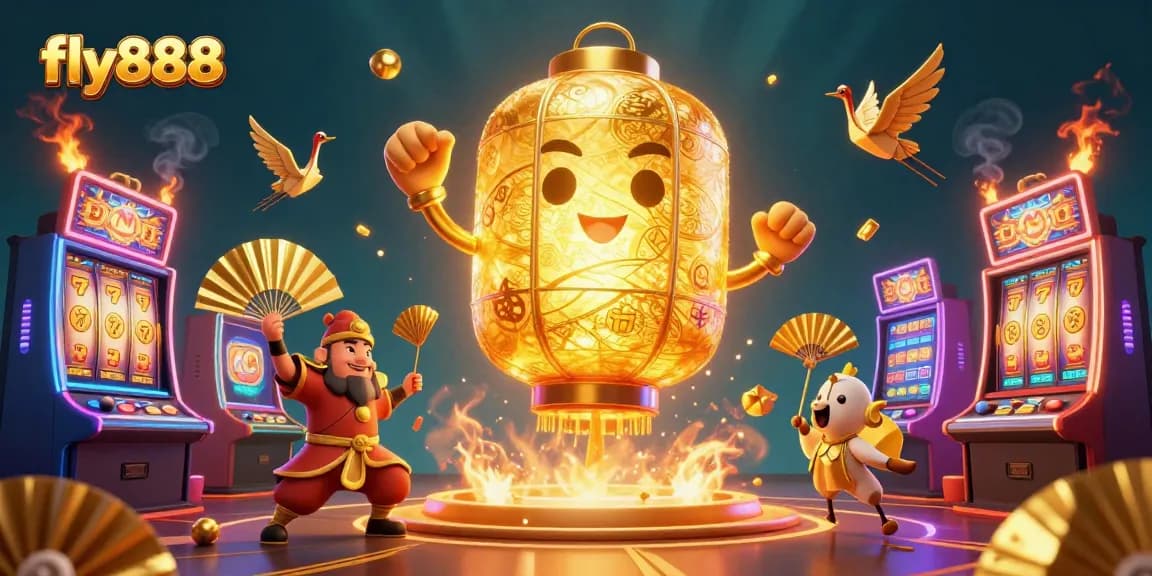 Win exciting big at the fly888 online casino with a vibrant 3D illustrative scene featuring lucky symbols and energetic characters.