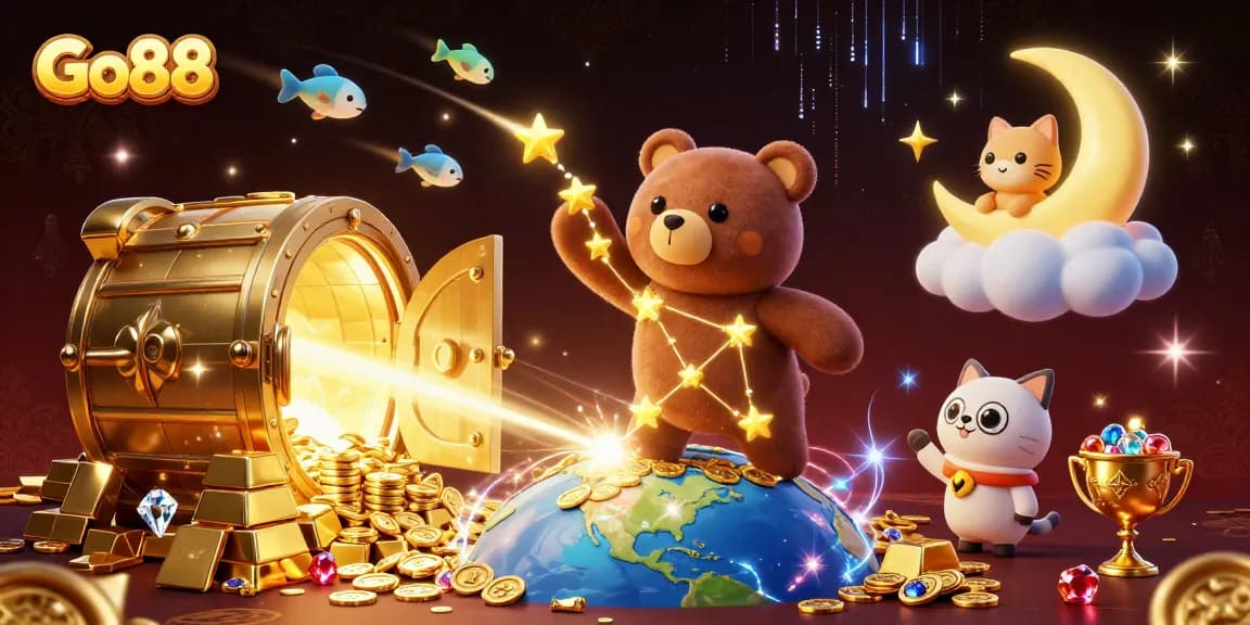 Engage with Go88 through an enchanting 3D casino scene, featuring wealth and luck.