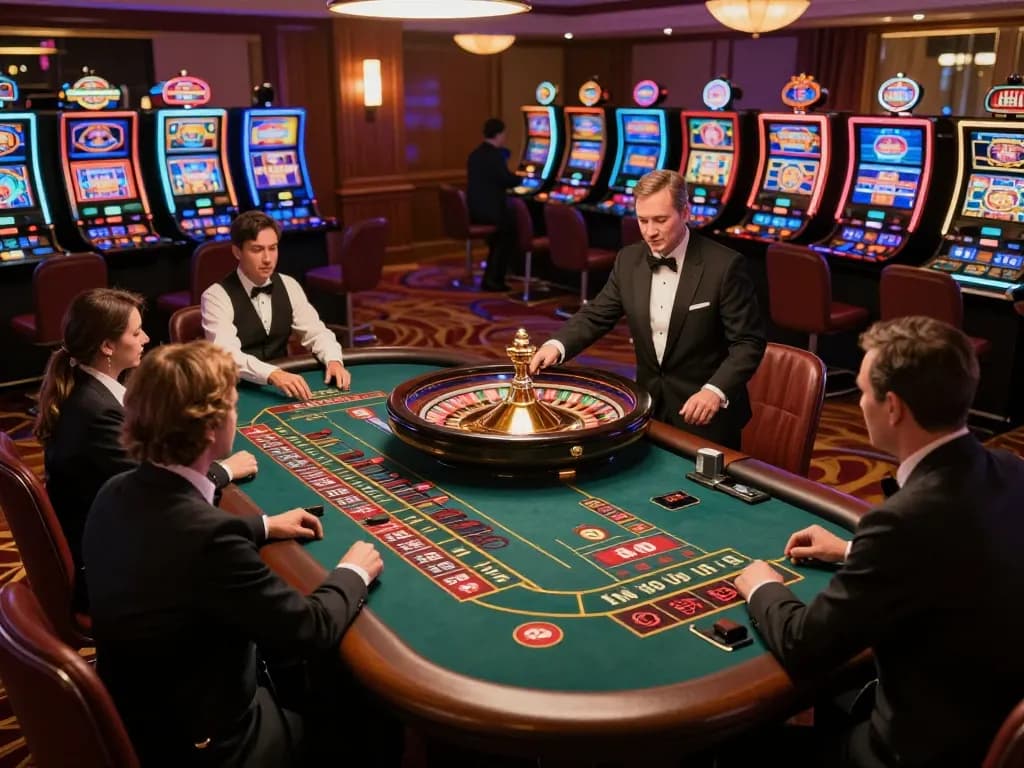 Engaged players at a KJC roulette table placing bets, vibrant casino ambiance.