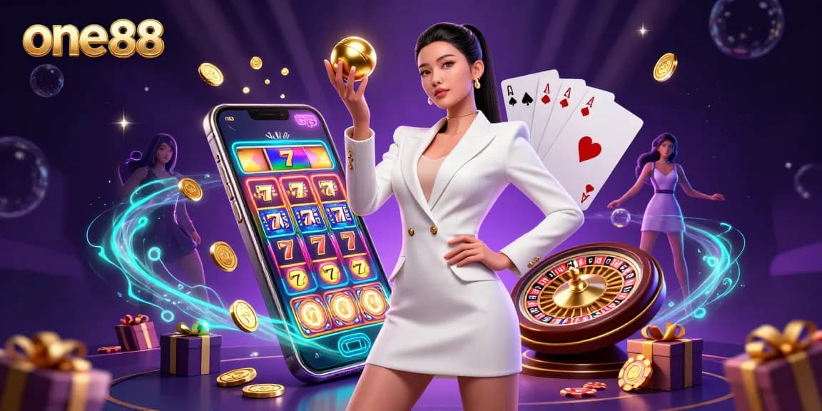 Spin winning combinations at one88 with a glamorous casino scene highlighting slots and roulette.