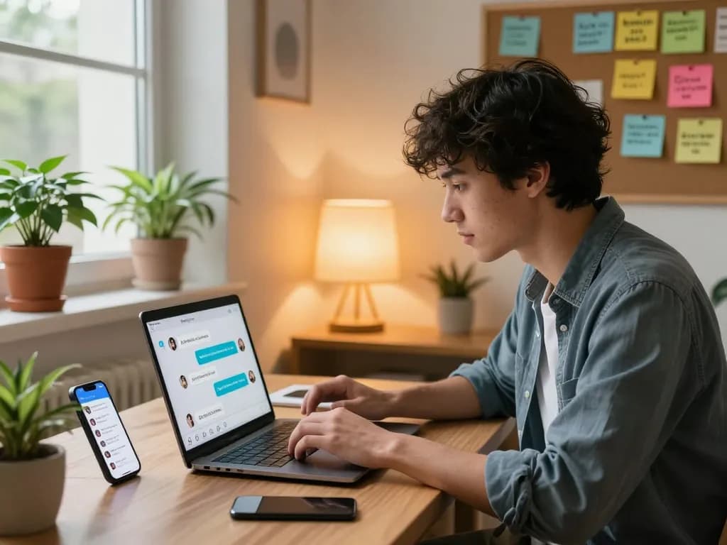 Sexting AI interaction in a vibrant home office environment, featuring a young adult engaged in a lively chat with an AI chatbot.