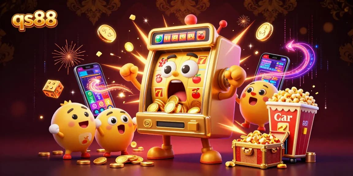 Experience the excitement of qs88 with a golden slot machine hitting the jackpot amidst a colorful casino scene.