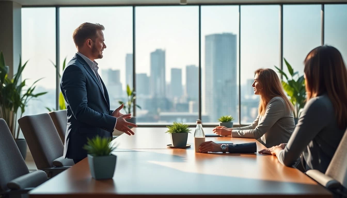 Personalberater diskutiert Strategien im modernen Büro mit Kunden.