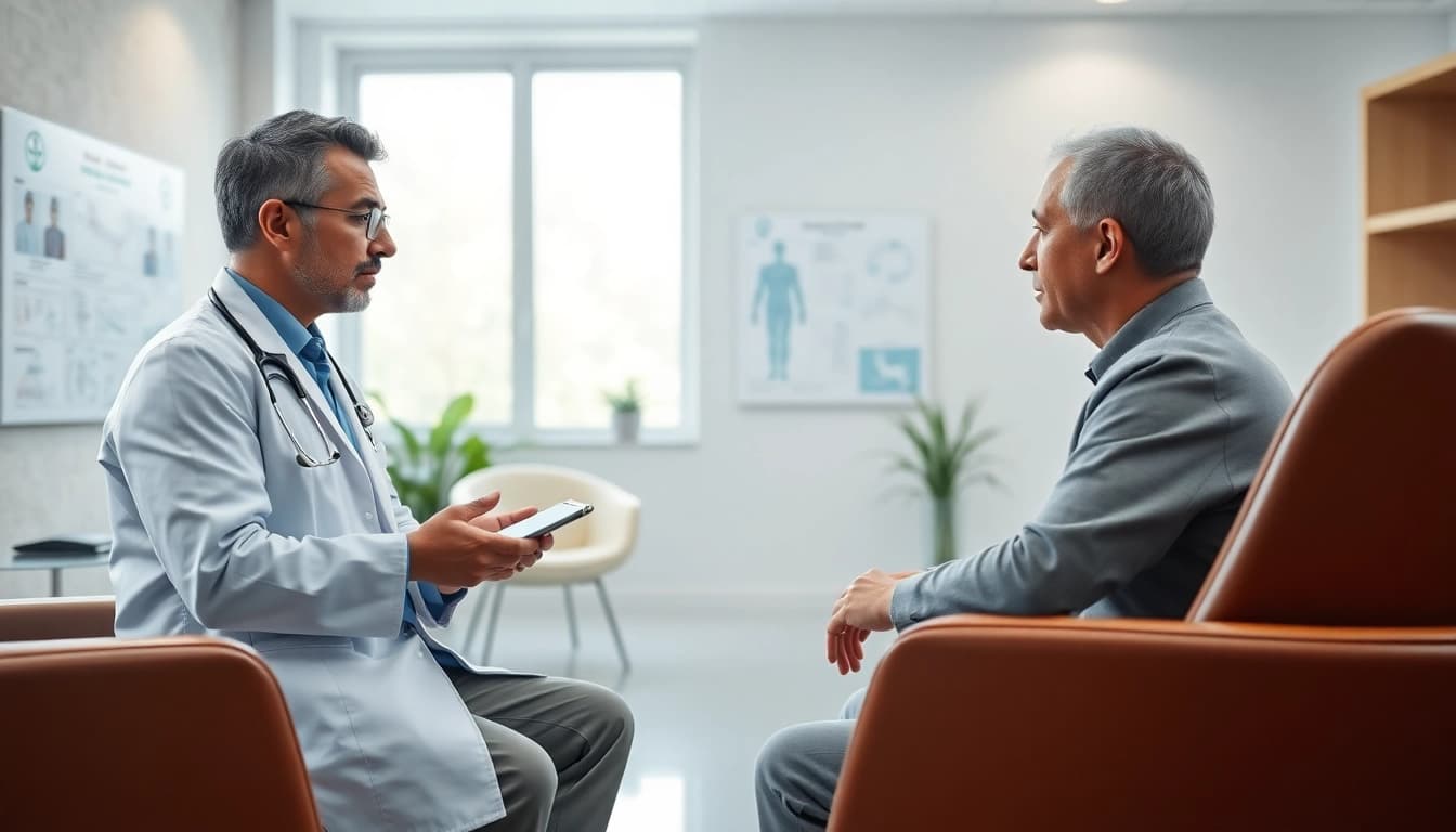 Driada medical Beratung in einer modernen Klinik mit einem Arzt im Gespräch.