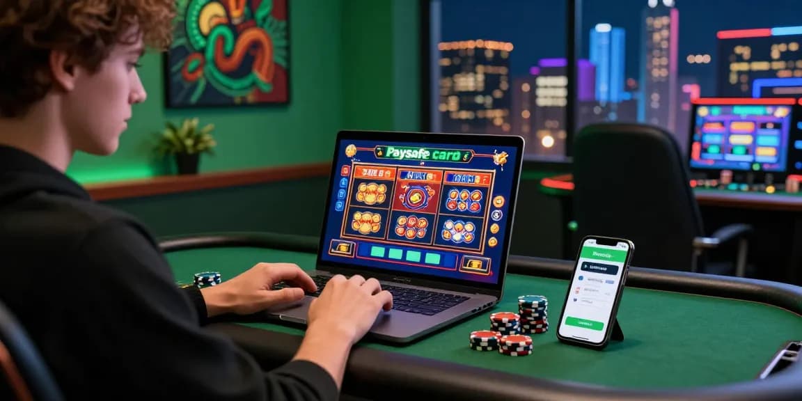 Spieler, der mit einem Paysafe Card Casino auf einem Laptop interagiert, während lebendige Spiele und Wettatmosphäre gezeigt werden.