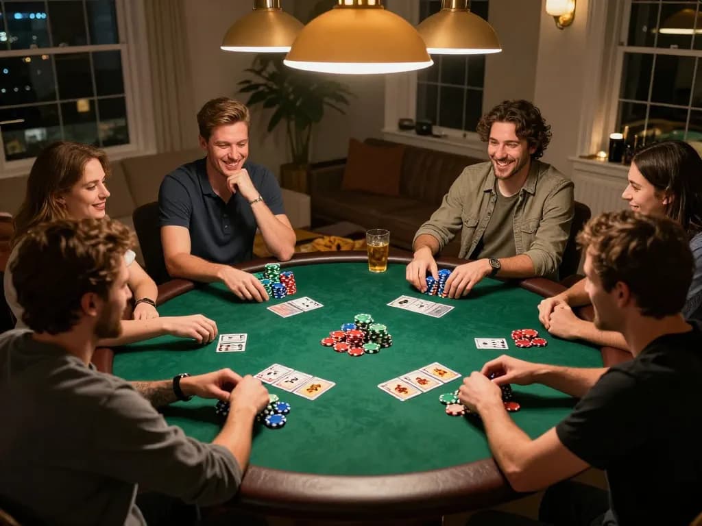 Friends strategizing during a poker night showcases soi kèo nhà cái in a cozy home setting.