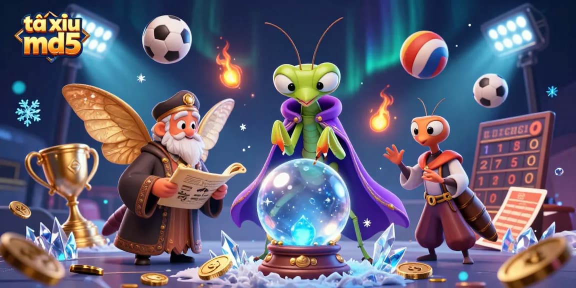 Bet on tài xỉu md5 with crystal ball insights and dynamic sports elements in a captivating illustration.