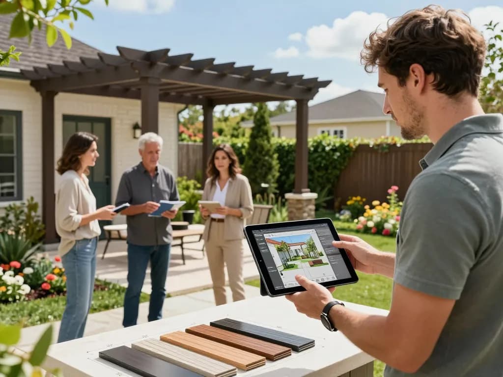 Software für Pergola-Installateure, präsentiert in einer Landschaftsgestaltungsberatung mit Kunden, die über individuelle Pergola-Optionen diskutieren.
