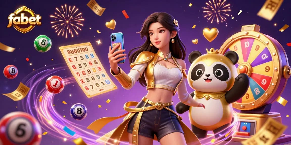 Engage with fabet's vibrant gaming scene featuring a stylish woman with a smartphone among dynamic slot game elements.