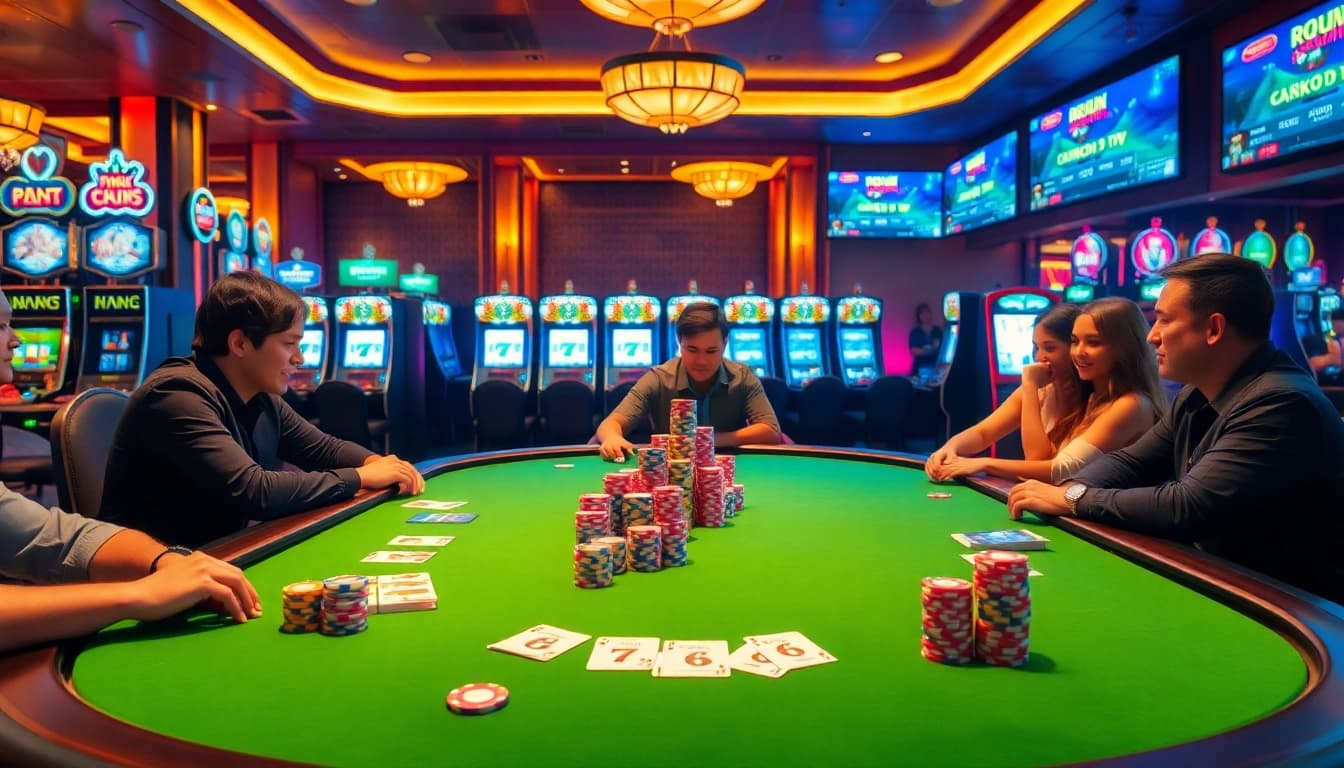 kèo nhà cái trực tiếp showcases players engaging in a lively poker game with vibrant chips and cards.