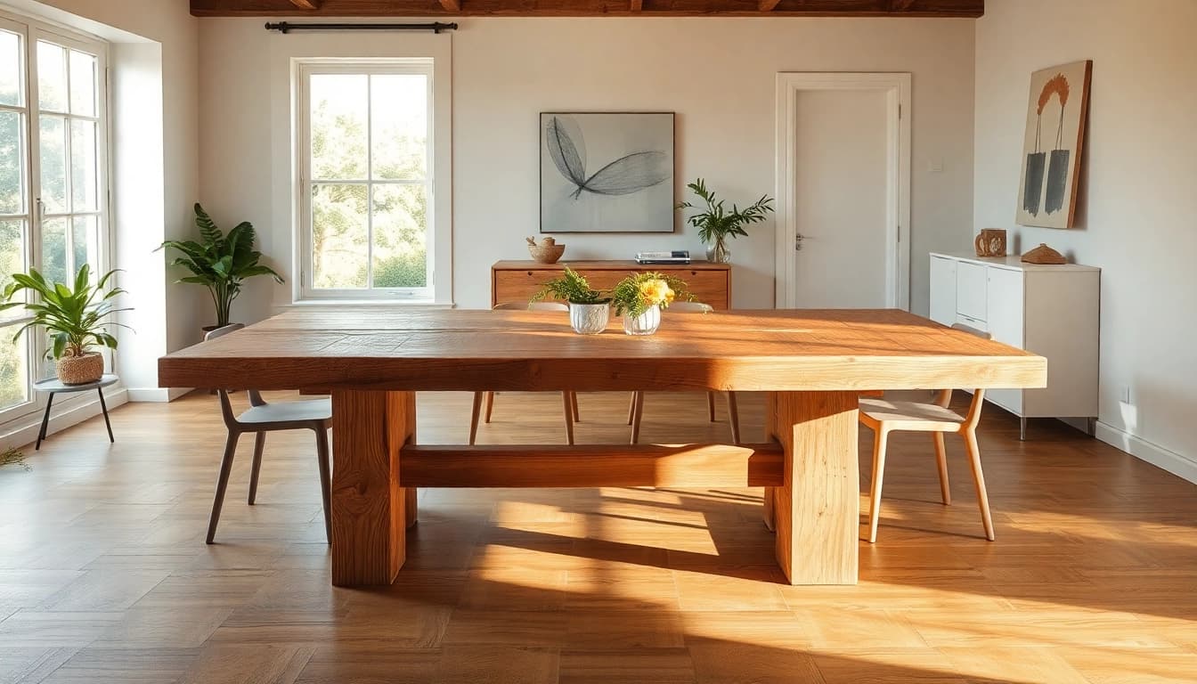 Präsentieren Sie einen beeindruckenden Massiven Eiche Esstisch mit Baumkante in einem einladenden Esszimmer.