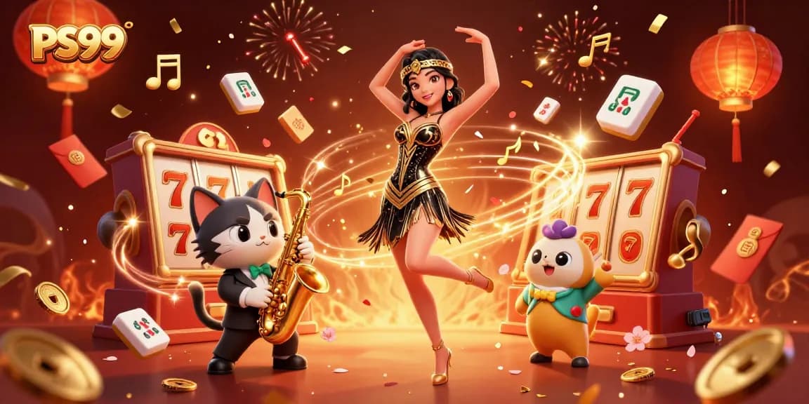 Engage in winning thrills at PS99 with an exhilarating casino scene featuring vibrant characters and dynamic symbols.