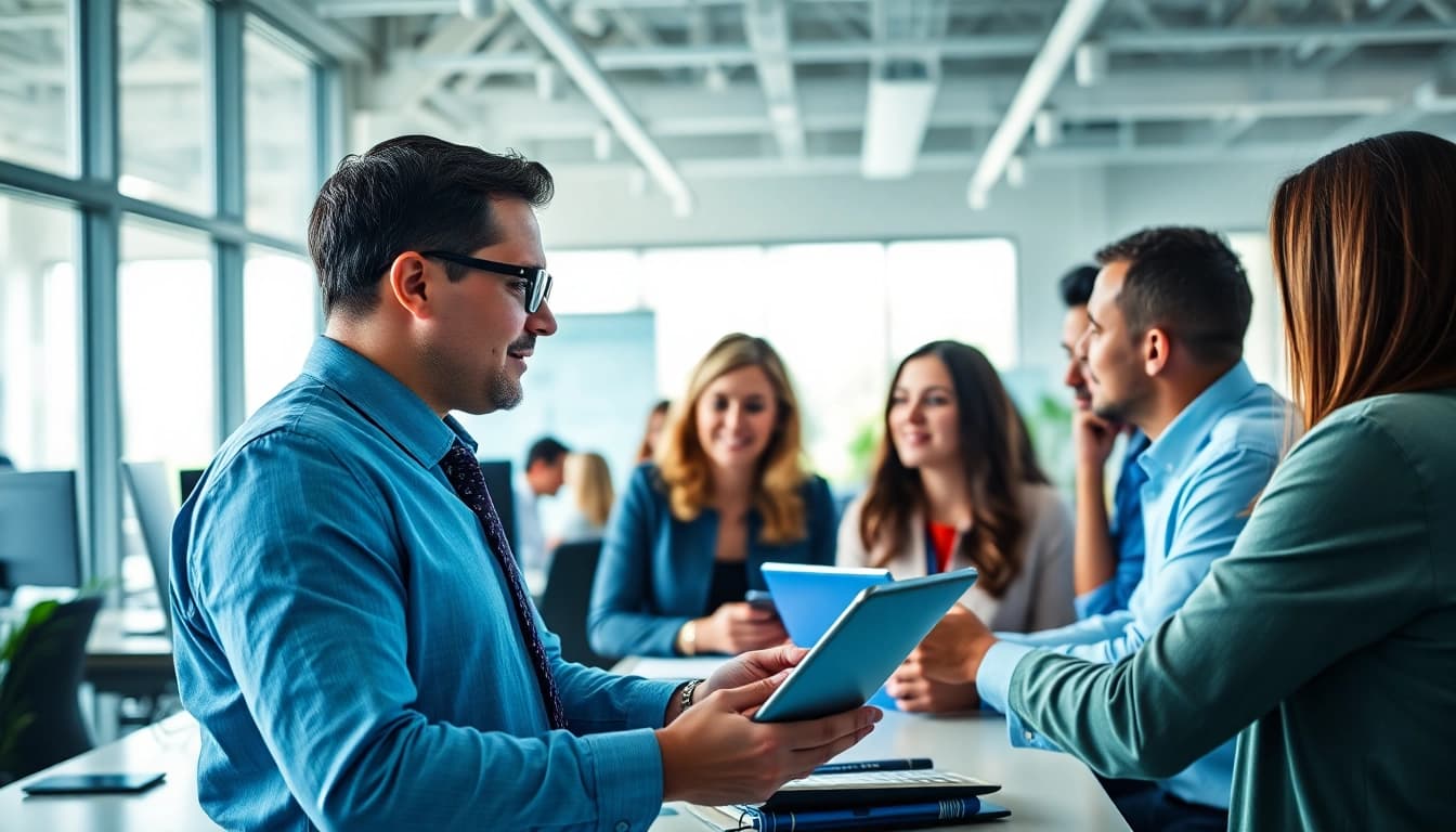 Headhunter IT interacting with diverse candidates in a modern office environment.