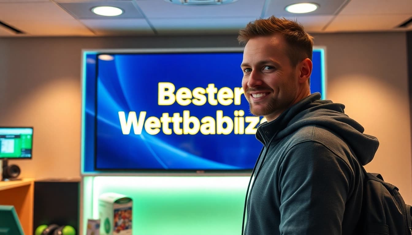 Bester Wettanbieter in einem modernen Wettbüro mit einem Bildschirm, auf dem Wettquoten angezeigt werden.