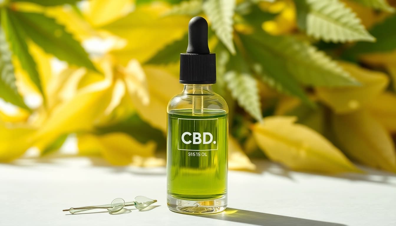 CBD Öl in einer stilvollen Glasflasche vor Hanfblättern präsentieren.