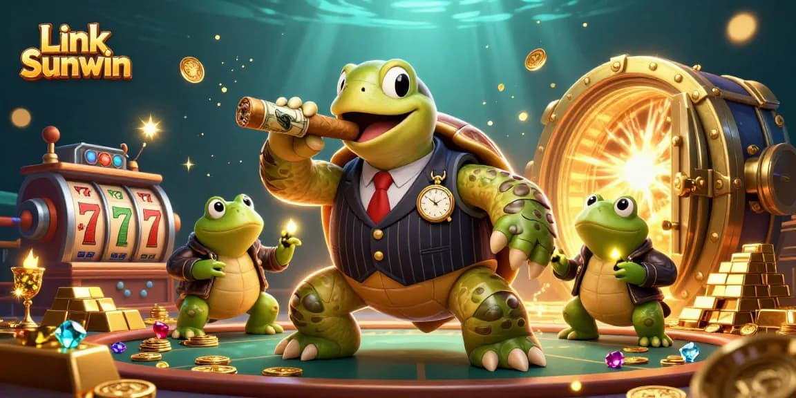 Win big with Link Sunwin featuring a cartoon turtle in a casino world of glamour and riches.