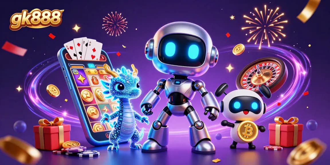 Experience exciting gameplay at gk888 with a cyberpunk robot and holographic dragon.