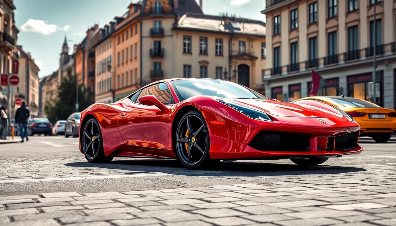 Schützen Sie Ihren Ferrari PPF München - Luxuriöses Auto mit Lackschutzfolie in der Münchener Stadtlandschaft