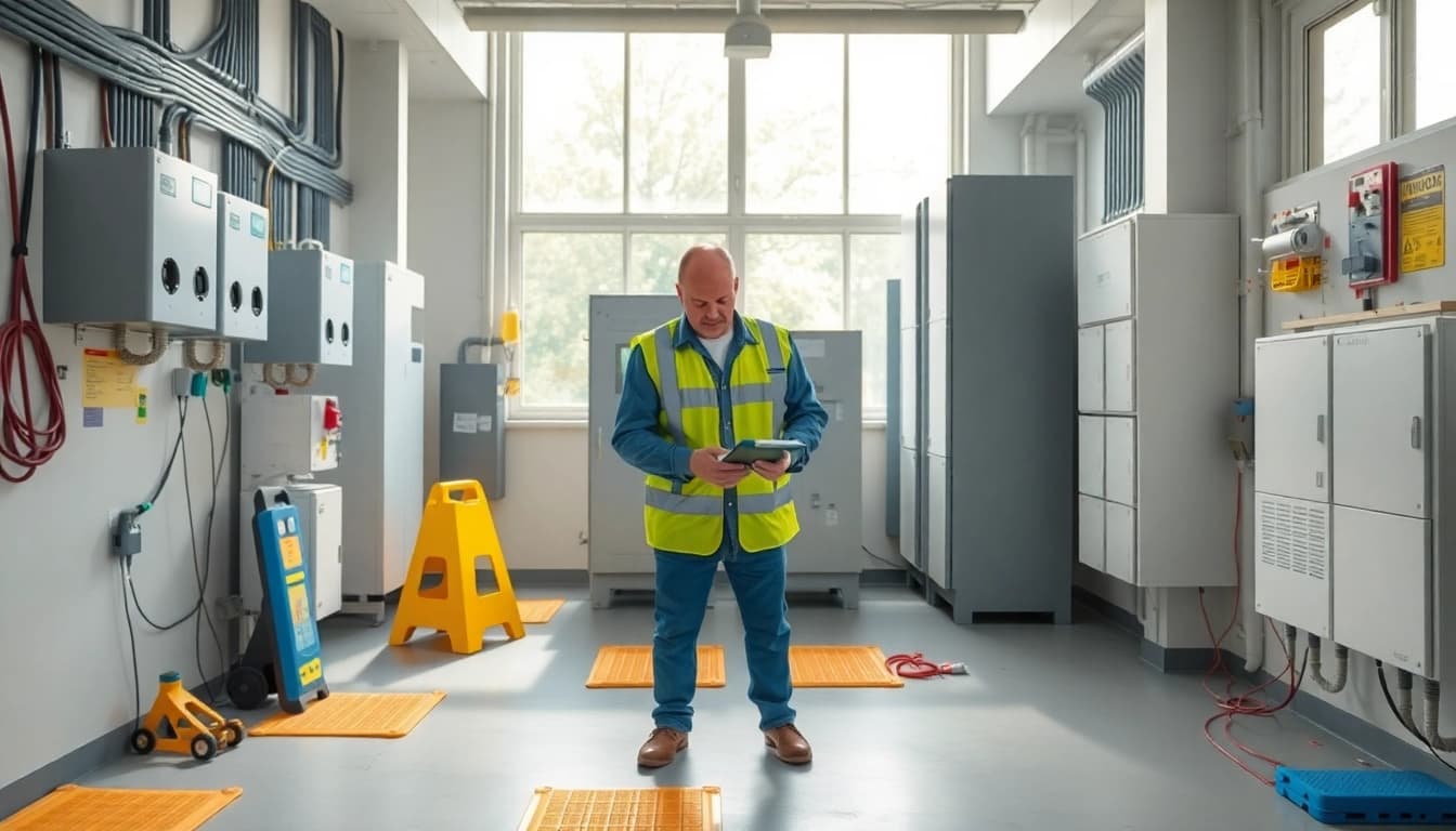 Experienced technician checks electrical devices ensuring compliance with safety standards.