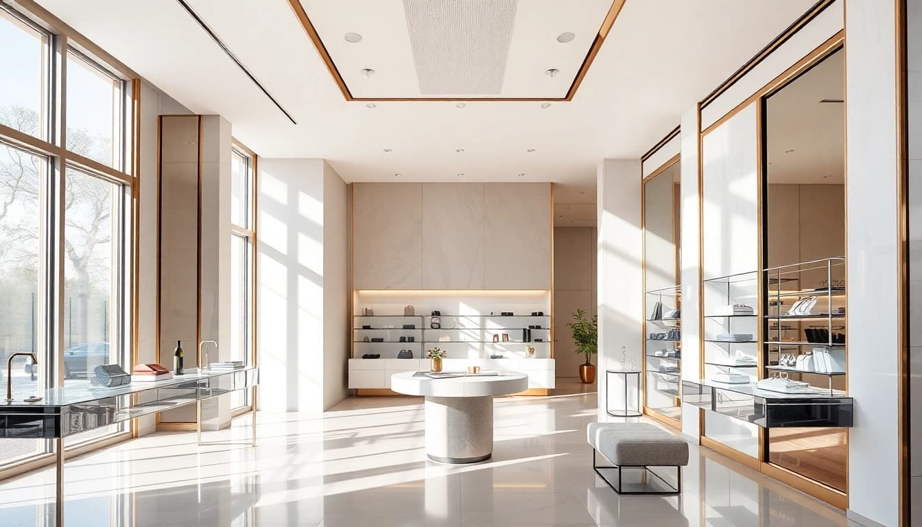 Experience luxury through a beautifully curated display of high-end fashion items in a modern boutique setting.