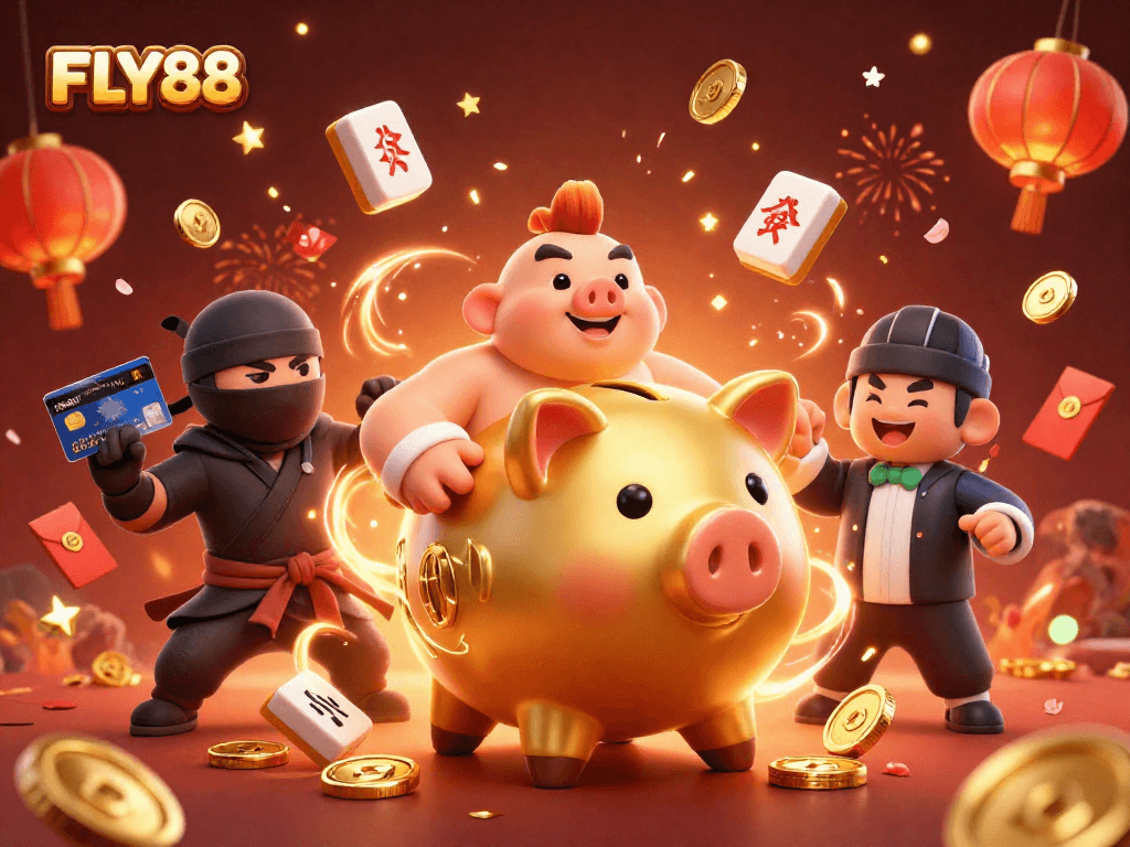 Engage with FLY88's thrilled atmosphere featuring a dynamic piggy bank and ninja in action!