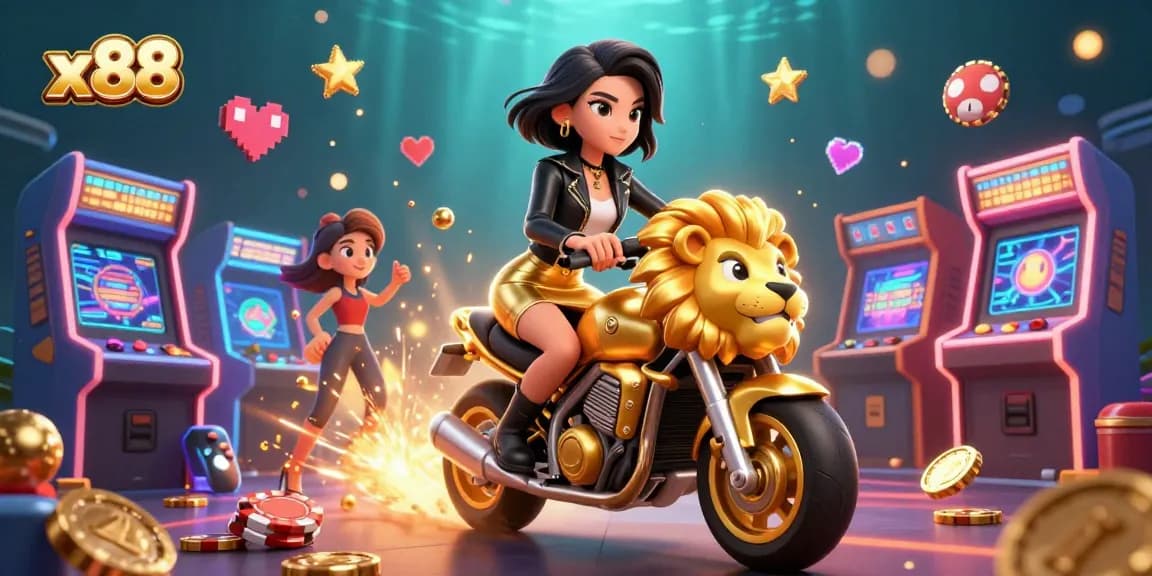 x88 offers thrilling gameplay with a glamorous Asian woman riding a golden lion, surrounded by vibrant casino elements.