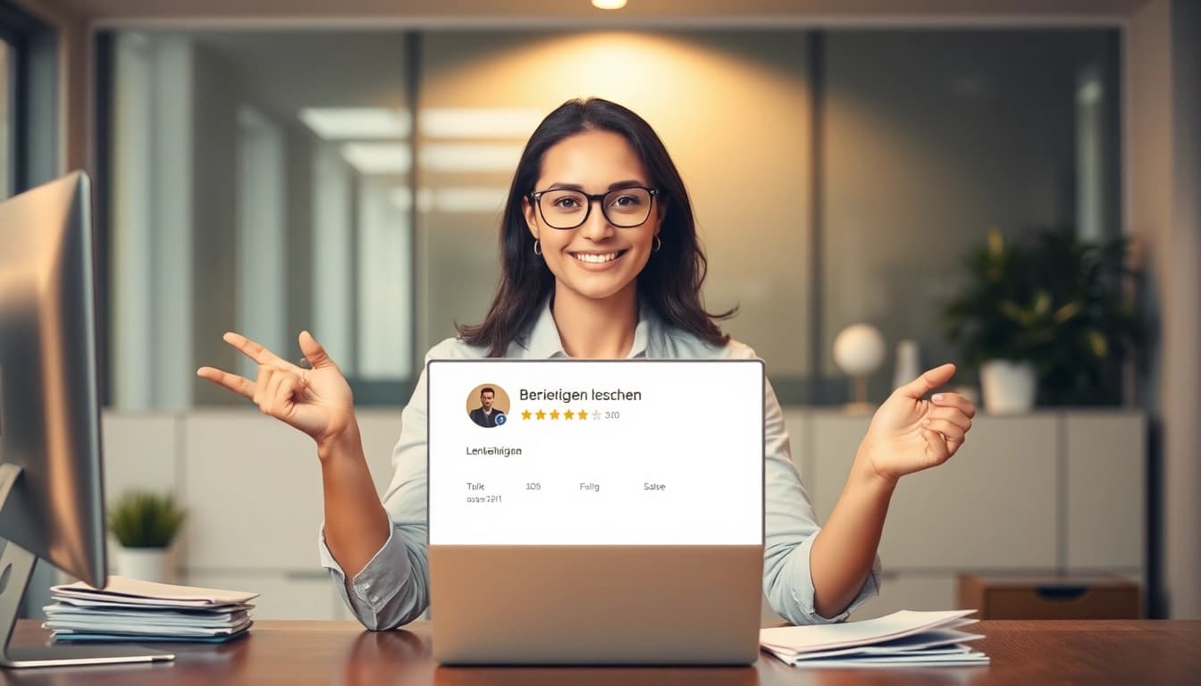 Setzen Sie das Keyword 'Bewertungen löschen' ein, während eine Person erfolgreich eine negative Bewertung auf einem Computer löscht.