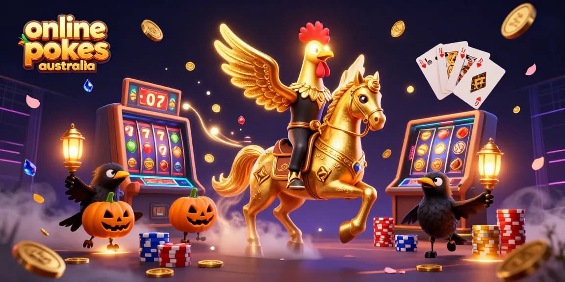 Experience online pokies Australia with a captivating 3D golden rooster and vibrant casino elements.