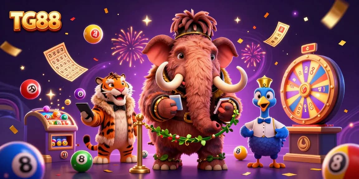 Experience fun at TG88 with a lively casino scene featuring whimsical characters and vibrant gambling elements.