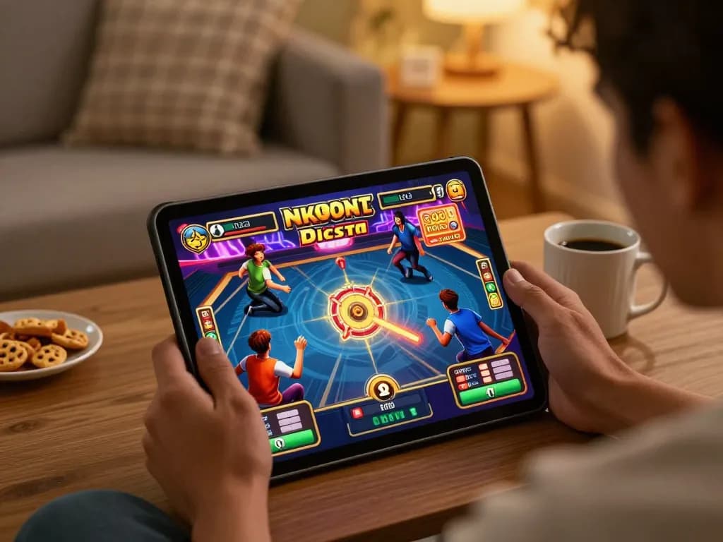 Players enjoying MK8 online gaming on a tablet, showcasing vibrant slot game action and cozy atmosphere