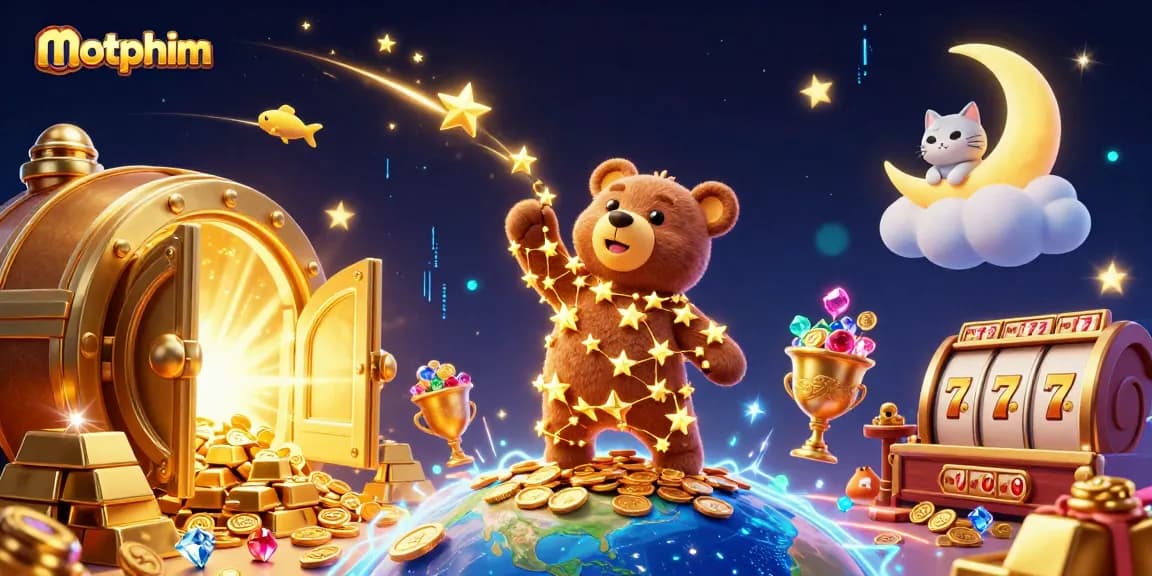 Experience the thrill of motphim as stars and slot reels combine in a vivid casino scene.