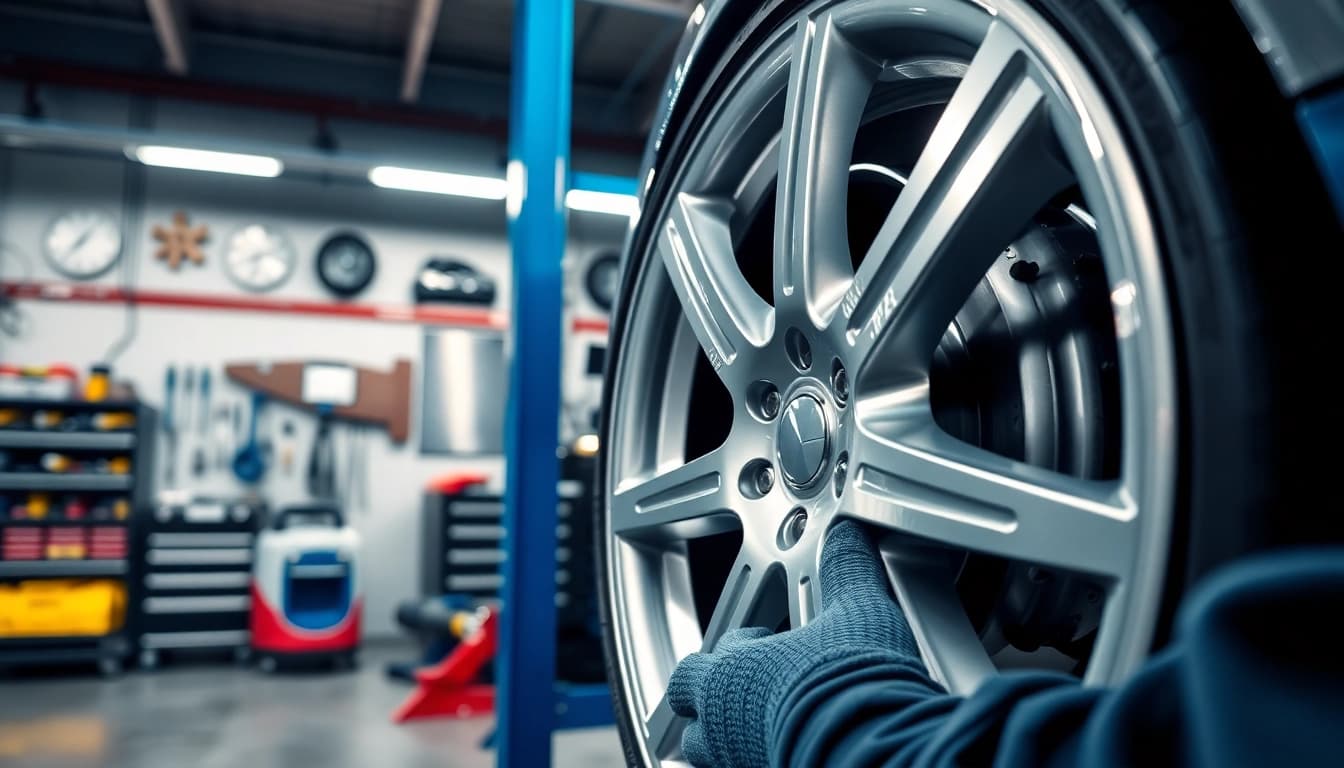 Felgenreparatur München: Fachtechniker repariert glänzende Alufelge mit professionellem Equipment.