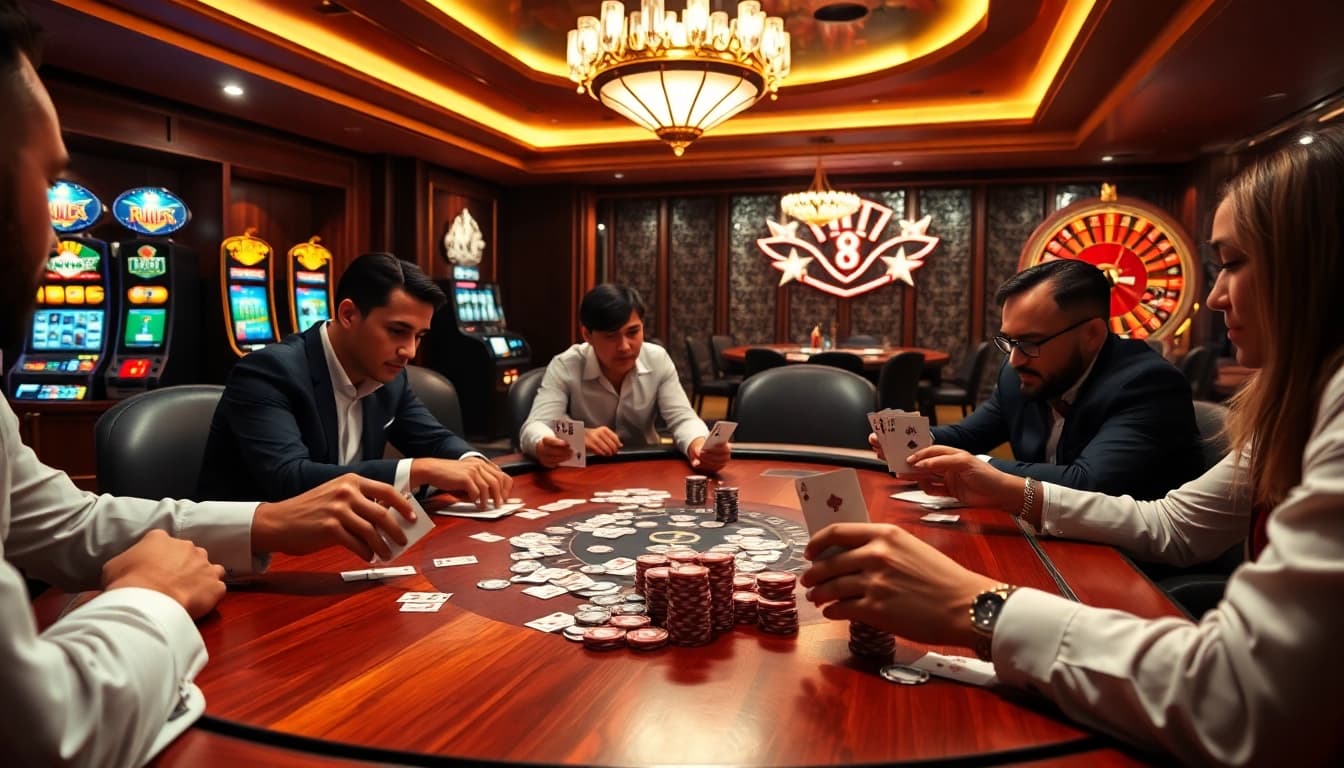 Experience the excitement of Trang chủ X88 with a thrilling poker game at a luxurious casino table.