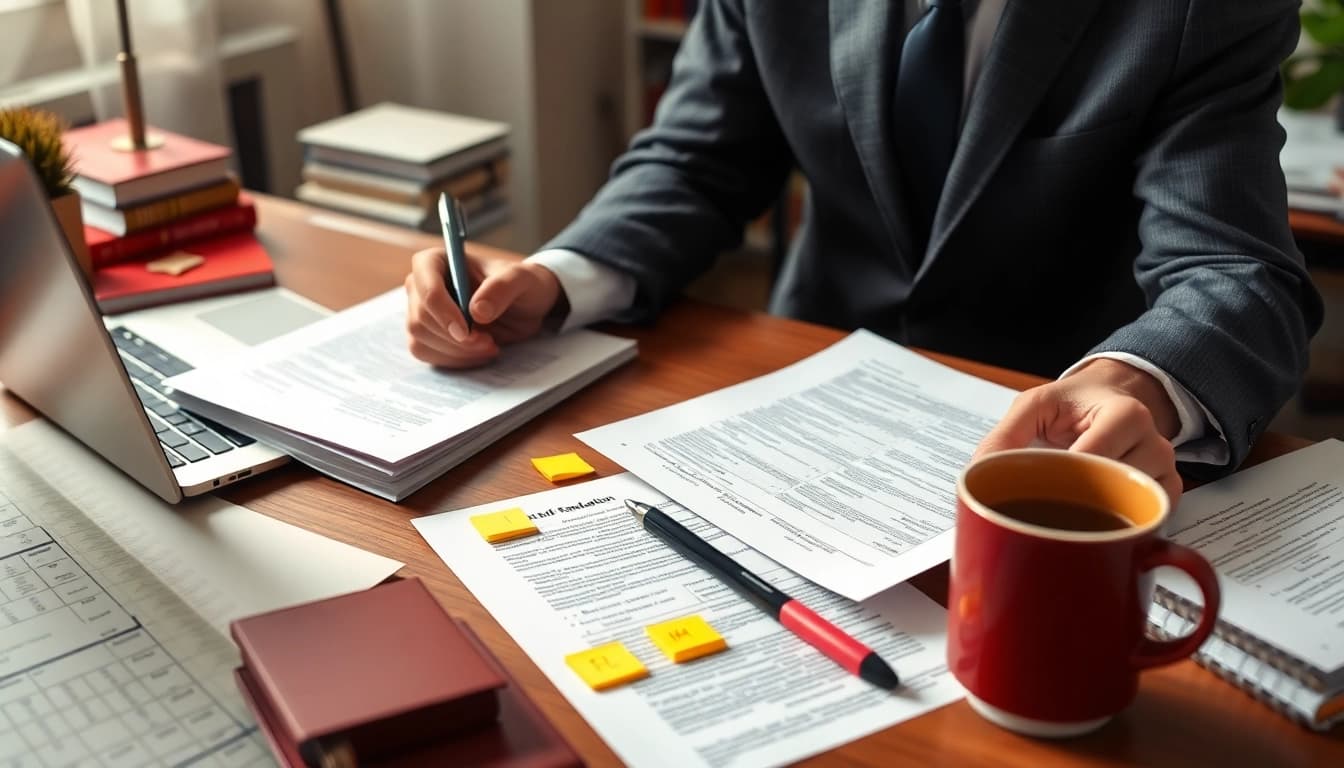 Vereidigter Übersetzer überprüft juristische Dokumente in einem professionellen Büro.