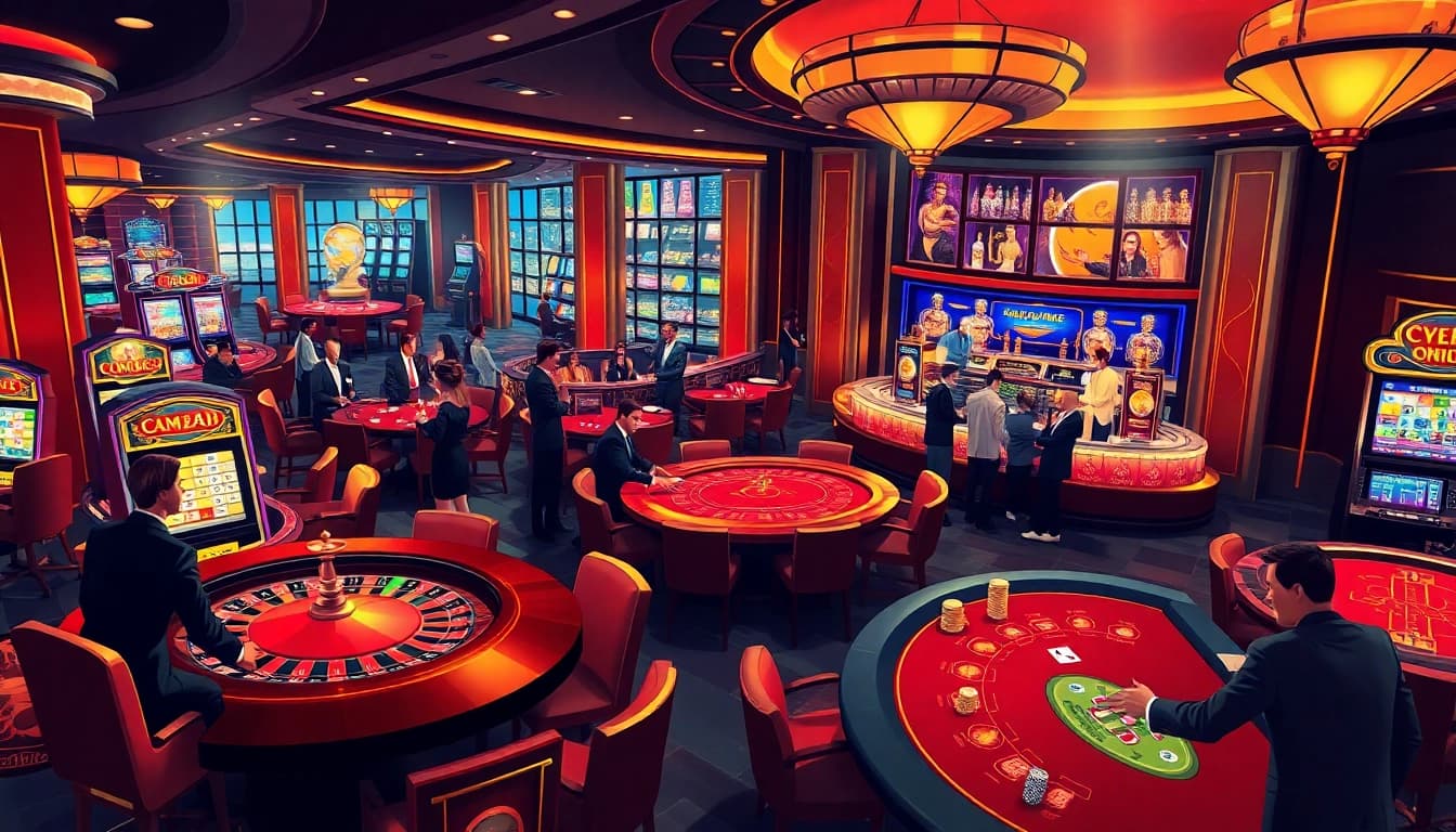 Experience CM88 at a vibrant casino floor featuring roulette tables and poker games.