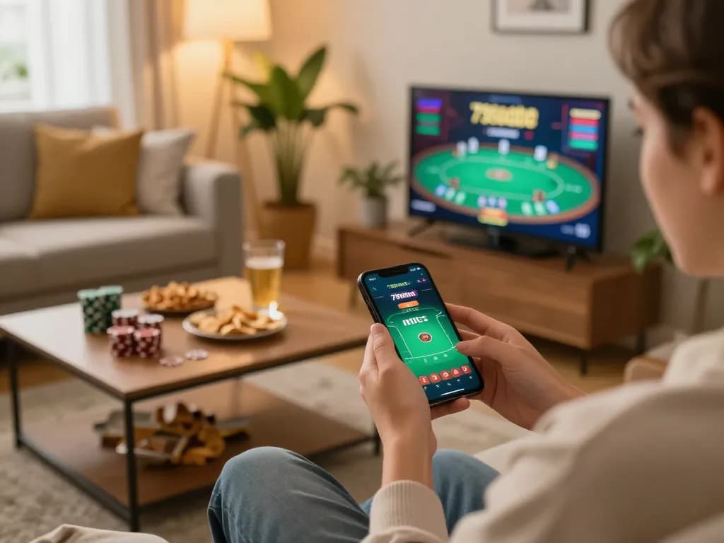 Person playing 79sodoe on a smartphone in a cozy home setting, showcasing online gambling.