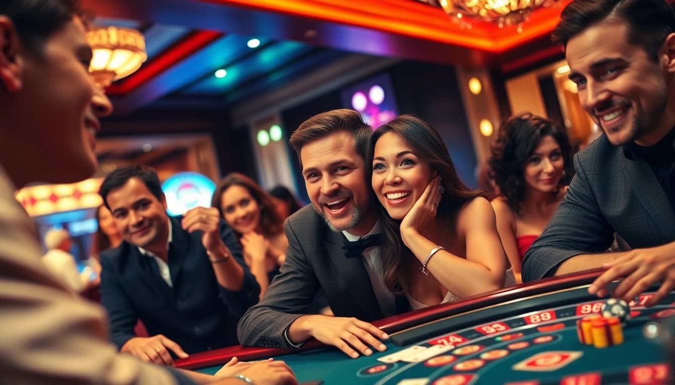 Pflegedienst Bornheim in einem Casino mit Spielern, die Poker und Roulette spielen.
