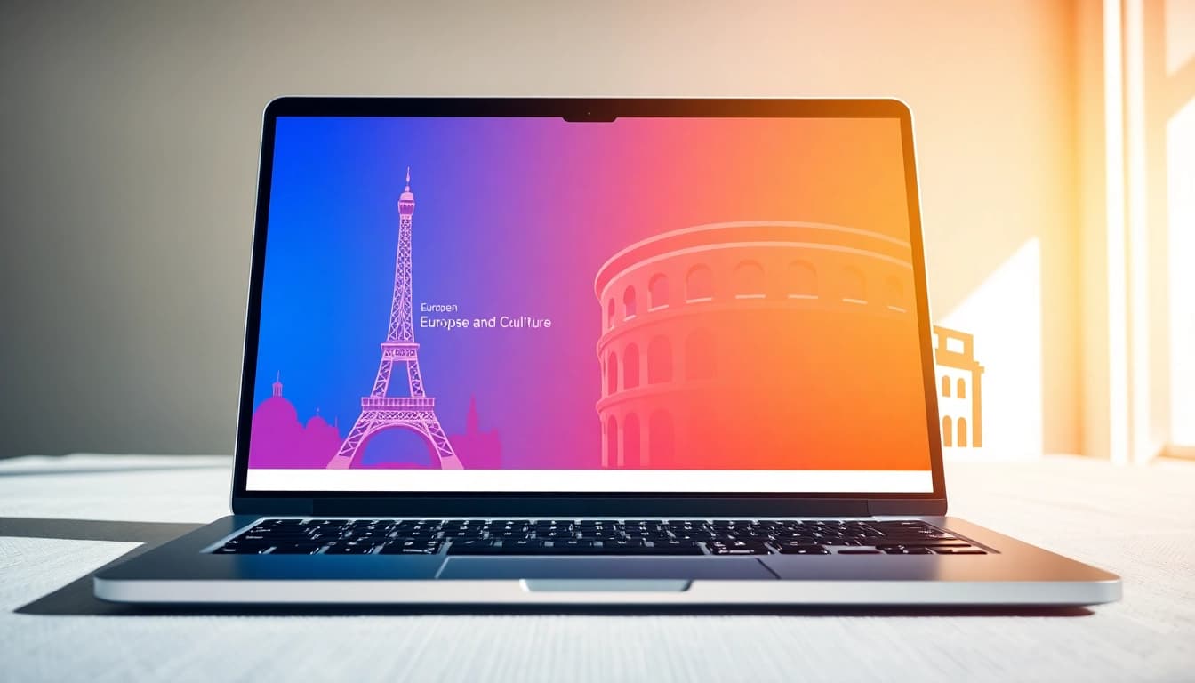 Begeisterte Nutzer bei einem Europa Quiz mit einem Laptop, umgeben von europäischen Wahrzeichen.